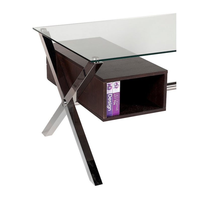 Tia 51 Inch Small Office Desk, Glass Tempered Top, 2 Drawers, Dark Brown