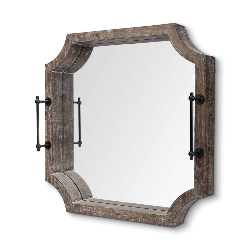 HomeRoots 23" Brown Hexagonal Wood and Mirrored Glass Serving Tray With Handles