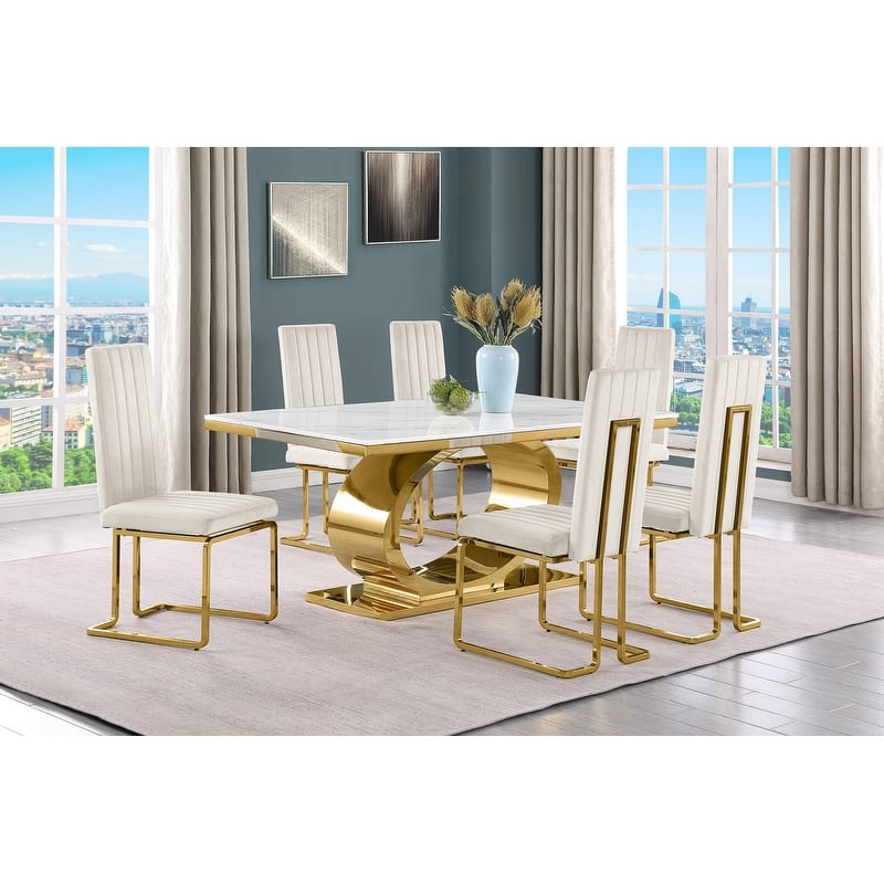 Best Quality Furniture D430/1-SC340-7 Dining Set with 68" White Marble Top