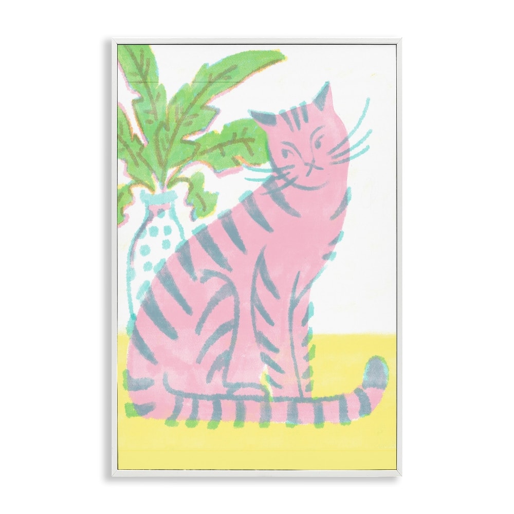 Stupell Modern Pink Cat & Plant Framed Giclee Art Design By Hannah Moren