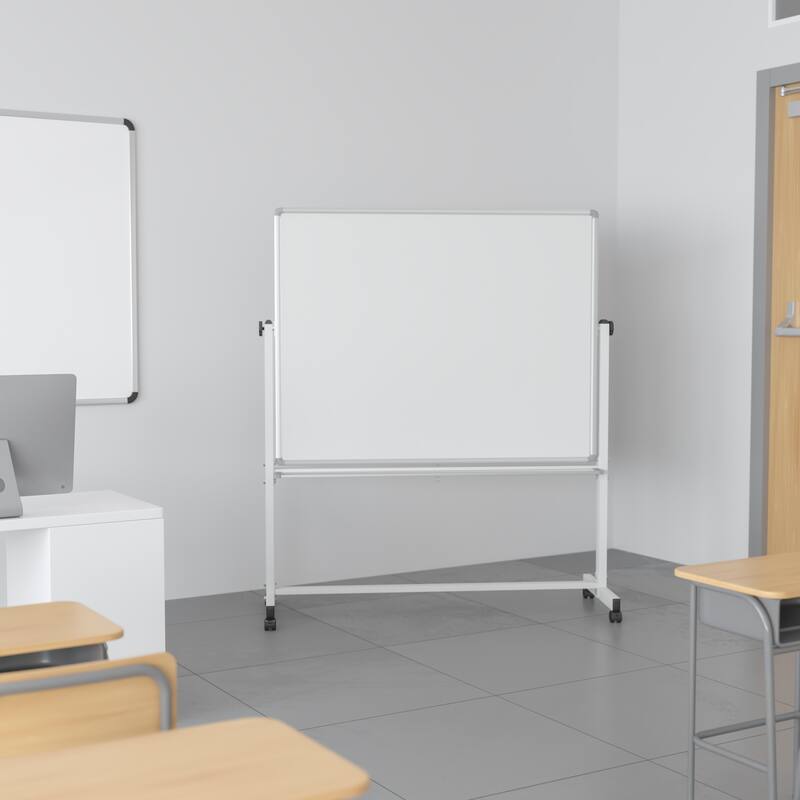 Double-Sided Mobile White Board with Shelf - Flip Over Board - 53"W x 20"D x 62.5"H
