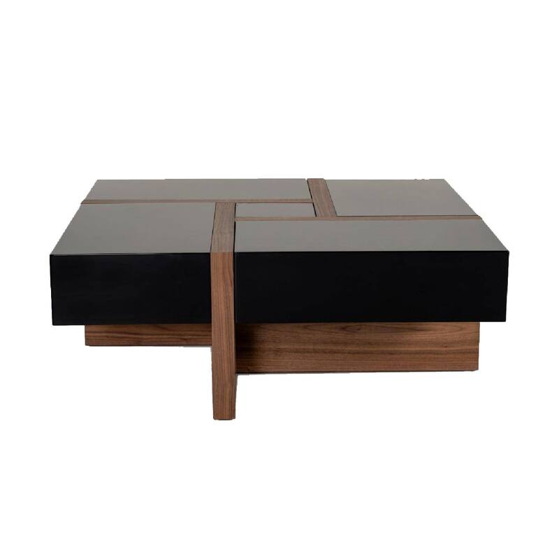 Square Top Wooden Coffee Table with 4 Drawer Storage, Brown and Black