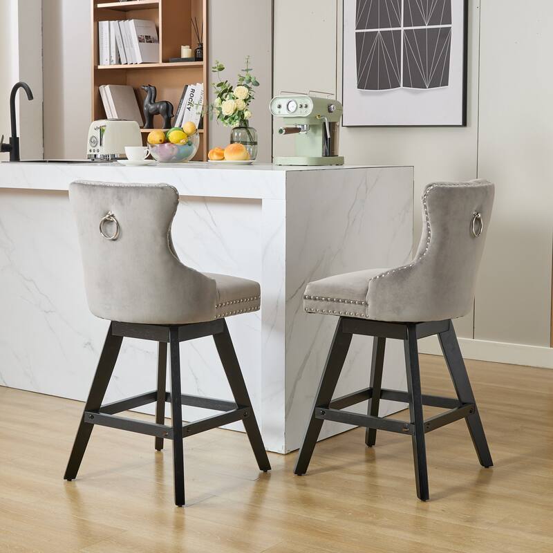 Swivel Bar Stools Set of 2, Velvet Counter Height Barstools with Wooden Legs, Kitchen Island Chairs with Button Backrest