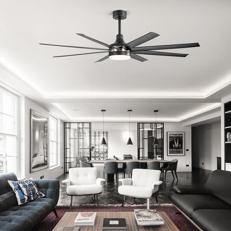 65 Inch Black Large Ceiling Fan with Light Remote(8-Blade)