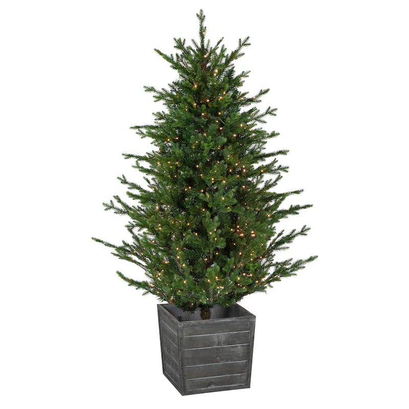 Pre-Lit Potted Deluxe Russian Pine Artificial Christmas Tree Warm White LED Lights - 6 Foot