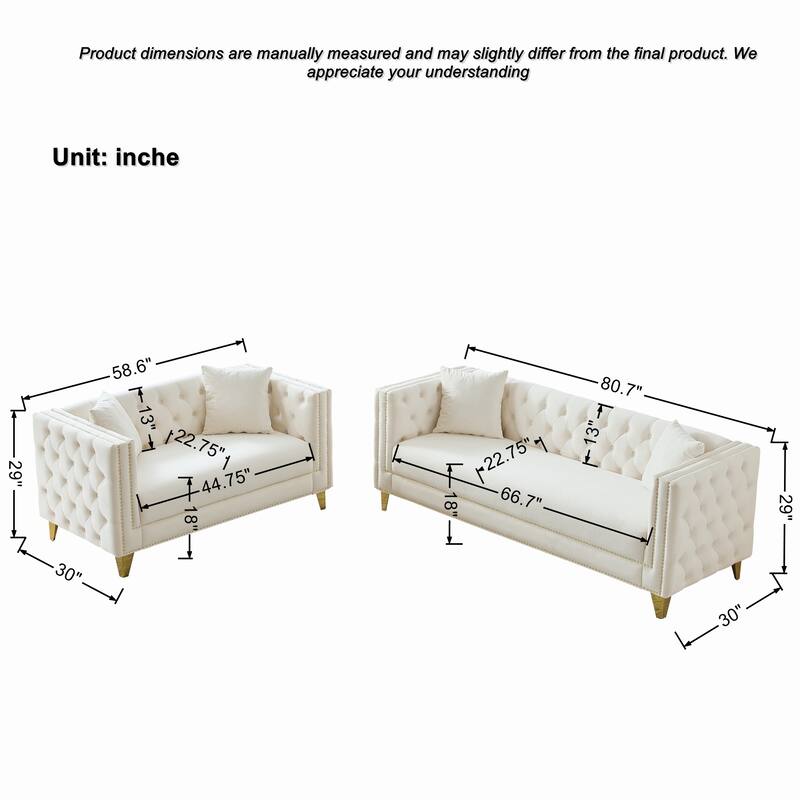 Roomfitters 80" and 58" Modern Tuxedo Sofa and Loveseat Set, Buttoned Back Couch with Gold Legs and Nailhead Trim