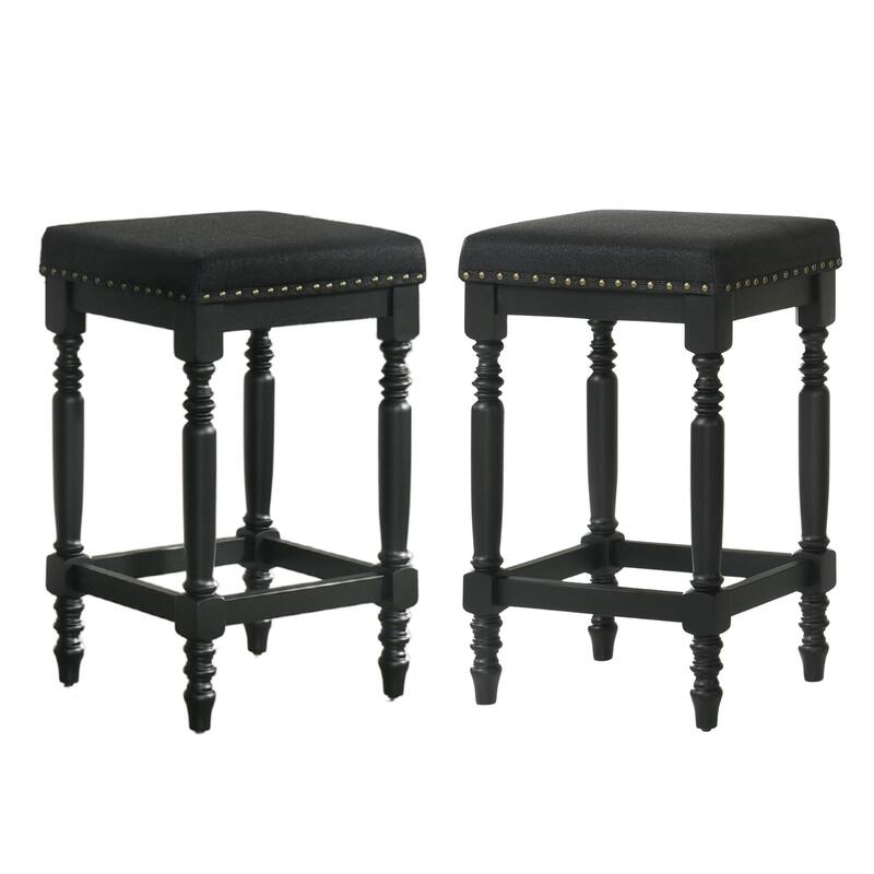 Rustic Wooden Counter Stool With Padded Seat Set Of 2-26 Inch Walnut Barstool With Nailhead Trim,Distressed Finish & Turned Legs - Black