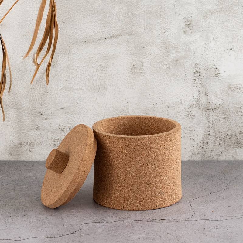 Round Small Cork Storage Box with Lid - 5.5" - Beige