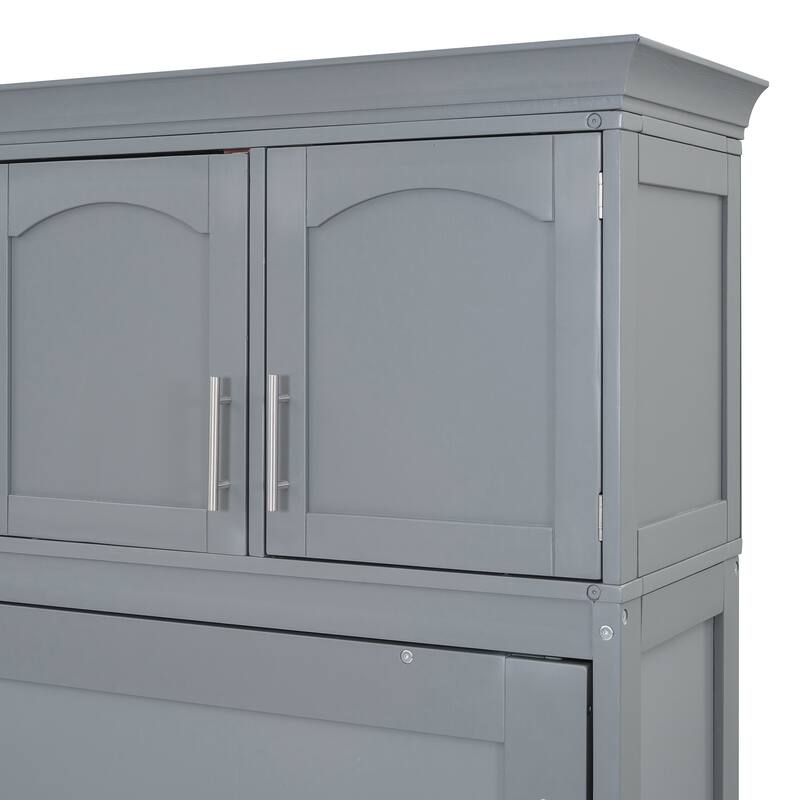 Grey Queen Size Wall Bed Storage Murphy Bed with Dual Piston Metal Folding Mechanism, Top Cabinets & Horizontal Flip Bed Frame