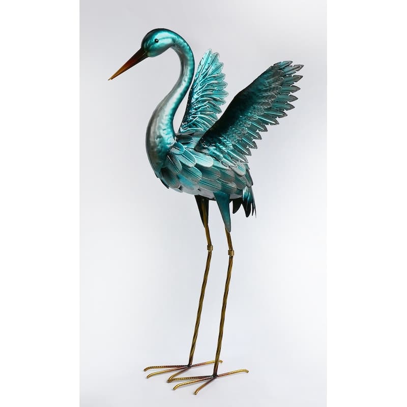 Blue Metal Crane Opening Wings Garden Sculpture