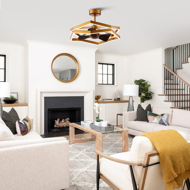 31" Antique Brass Geometric Dimmable Fandelier Caged Ceiling Fan with Light and Remote