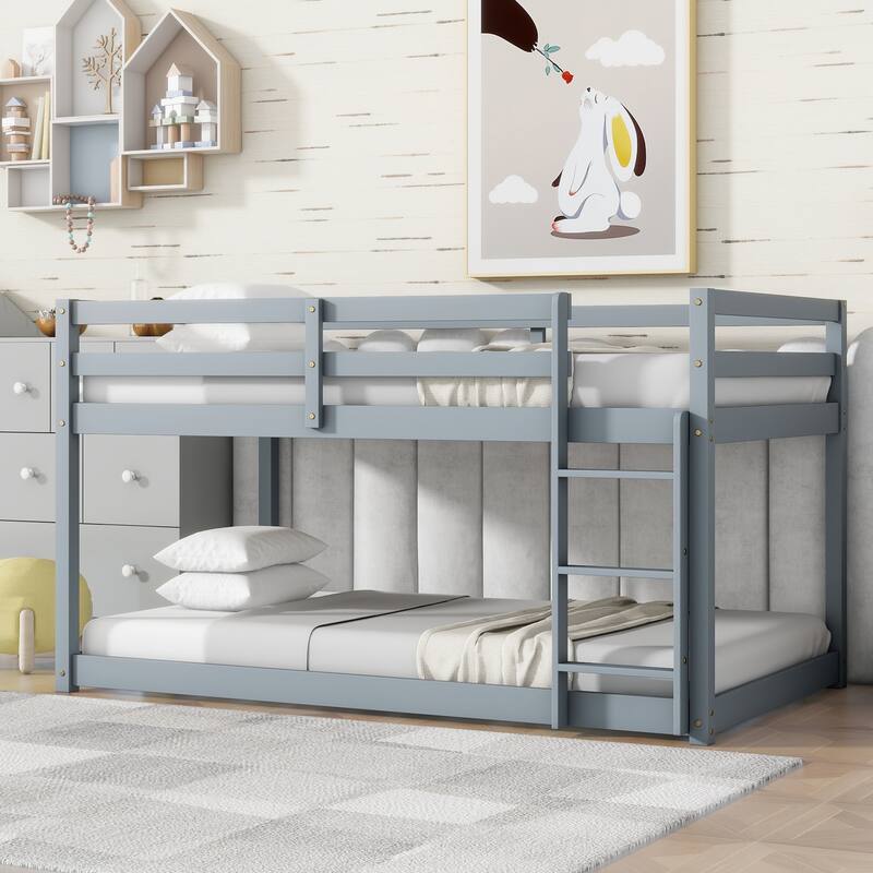 Low Loft Bed with Ladder, Solid Rubber Wooden Bed Frame for Multi Children, Floor Bed - Available with or without Slats - Grey with Slats Floor - Twin