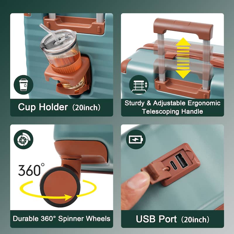 5-Piece Modern Expandable Luggage Sets, Front-opening Luggage with USB Port, Cup Holder and TSA Lock, for Boarding Travel