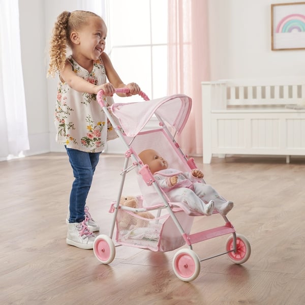 slide 2 of 7, Badger Basket Folding Doll Umbrella Stroller - Pink/Gingham