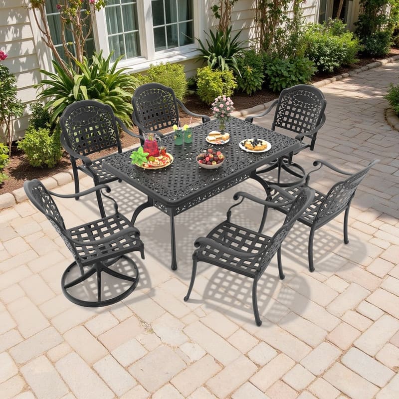 7-Piece Outdoor Dining Set with 1 Table and 6 Chairs, All-Weather Aluminum Outdoor Patio Sets