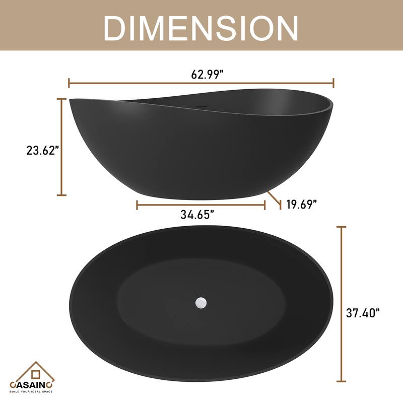 63" Solid Surface Freestanding Bathtub in Matte White/Black/Grey