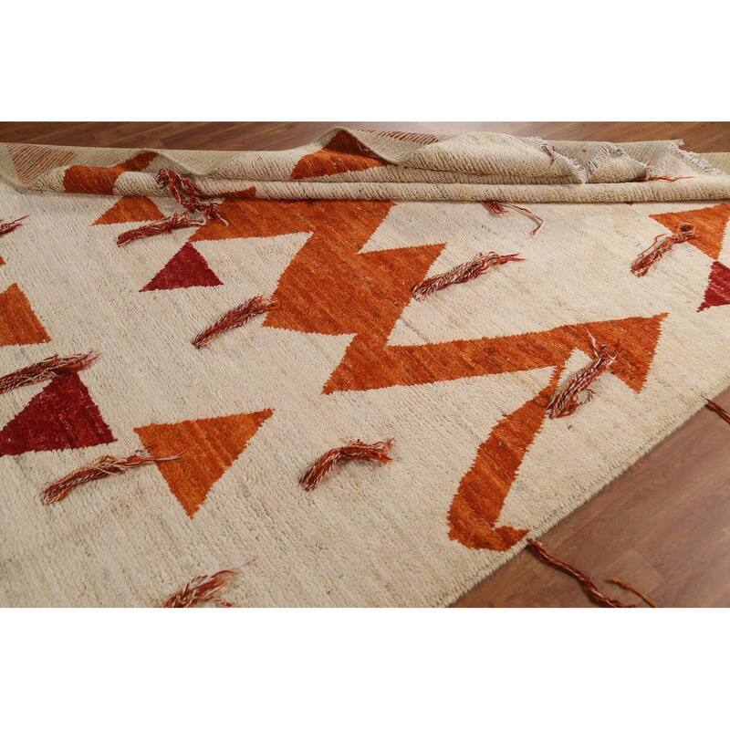 Hand Knotted Oriental 100% Wool Carpet Modern Tribal Beige & Ivories Moroccan Area Rug - 9' 11'' X 6' 10''