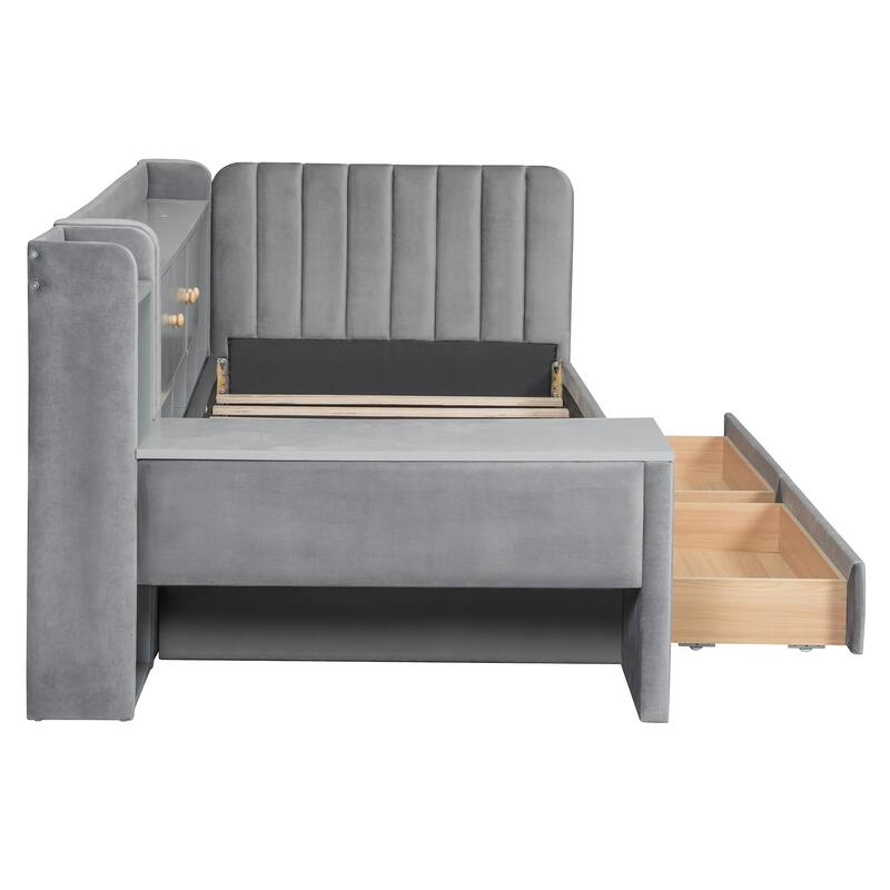 Twin Upholstered Daybed with Drawers, Shelves, Flip Cabinets & Side Table in Gray