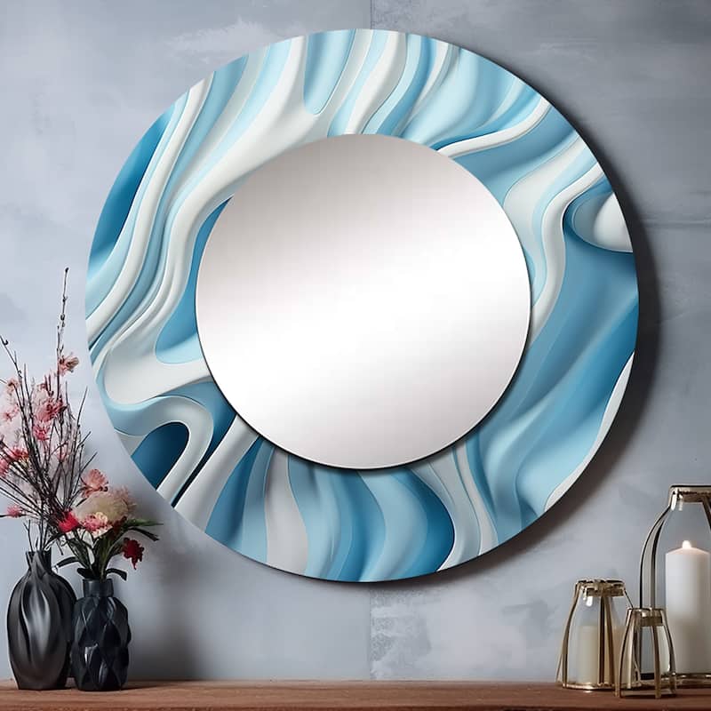 Designart "Op Art Blue Focus I" Abstract Wall Mounted Round Large Mirror - Blue Modern Large Mirror Wall Décor
