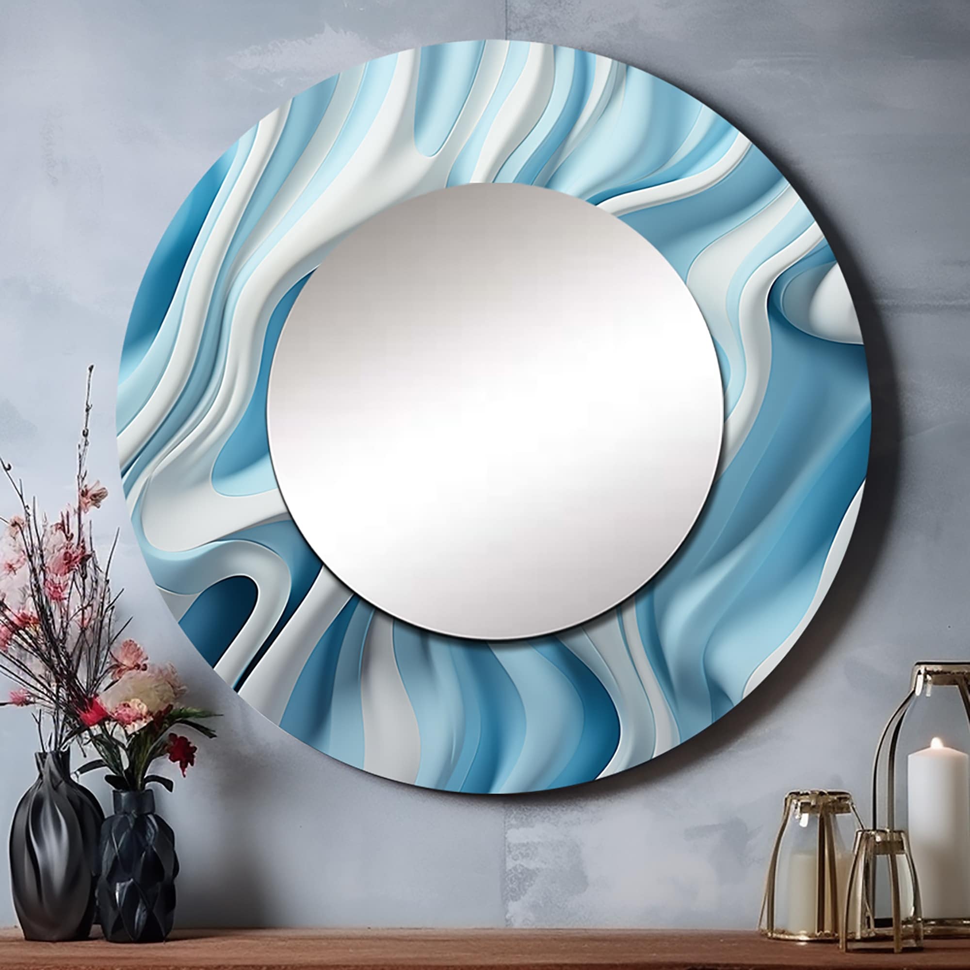 Designart "Op Art Blue Focus I" Abstract Wall Mounted Round Large Mirror - Blue Modern Large Mirror Wall Décor
