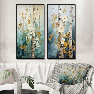 Designart "Birch Woods Whispering Winds IV" Tree Birch Framed Wall Art Set Of 2 - Blue Canvas Set For Living Room Decor