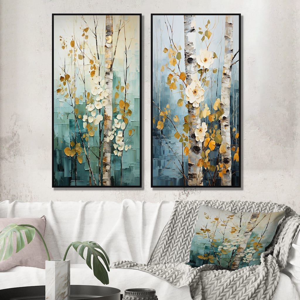 Designart "Birch Woods Whispering Winds IV" Tree Birch Framed Wall Art Set Of 2 - Blue Canvas Set For Living Room Decor