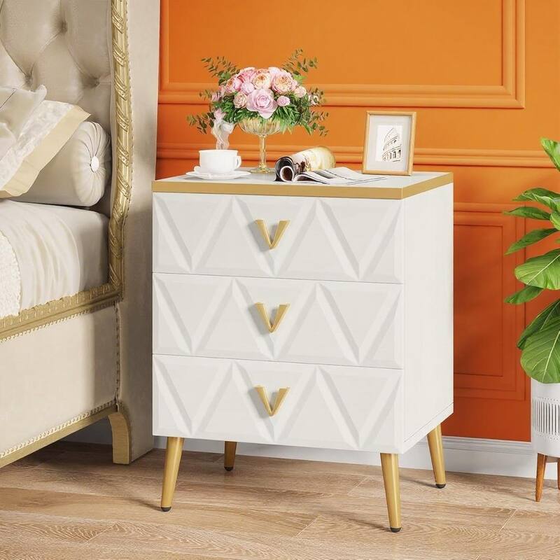 White-Gold Engineered Wood Nightstand Set of 2 with 3 Drawers and Metal Legs