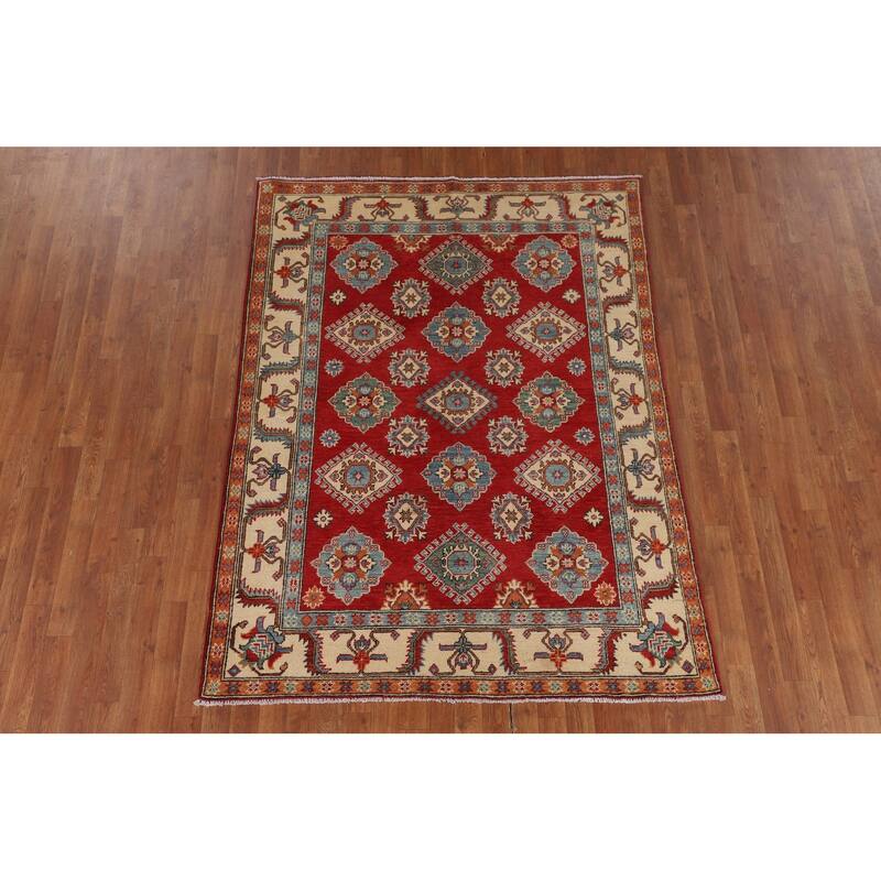 Geometric Red Kazak Oriental Area Rug Handmade Bedroom Wool Carpet - 5'0" x 6'9"
