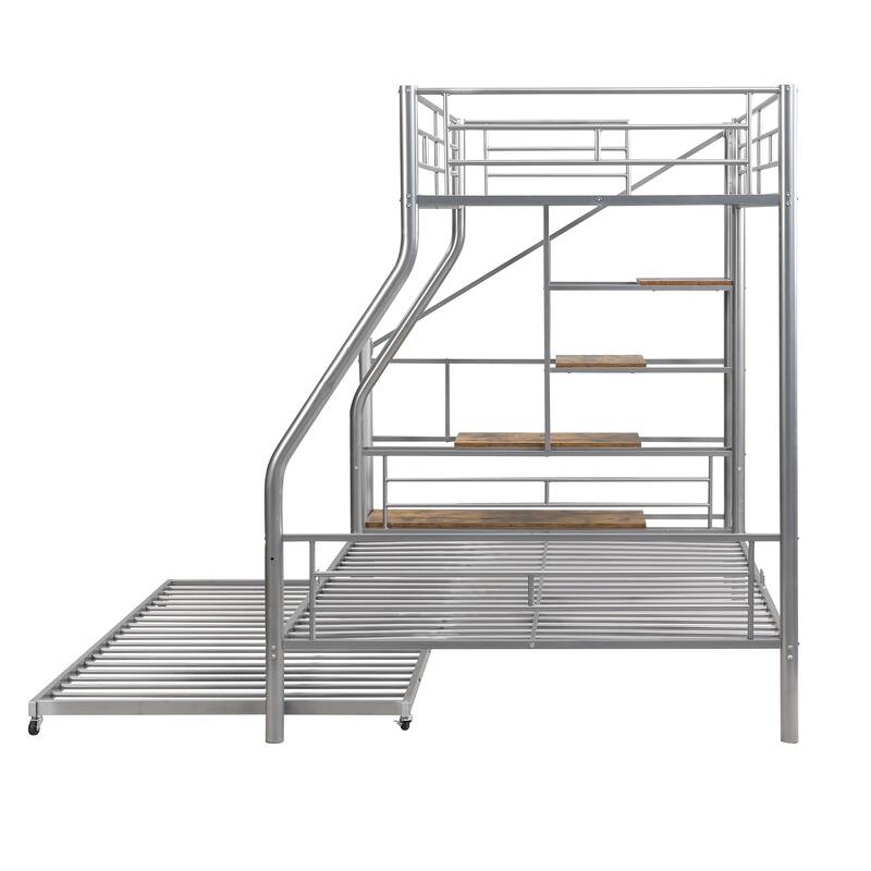 Twin Over Full Metal Bunk Bed with Trundle, Storage Staircase, and Guardrail