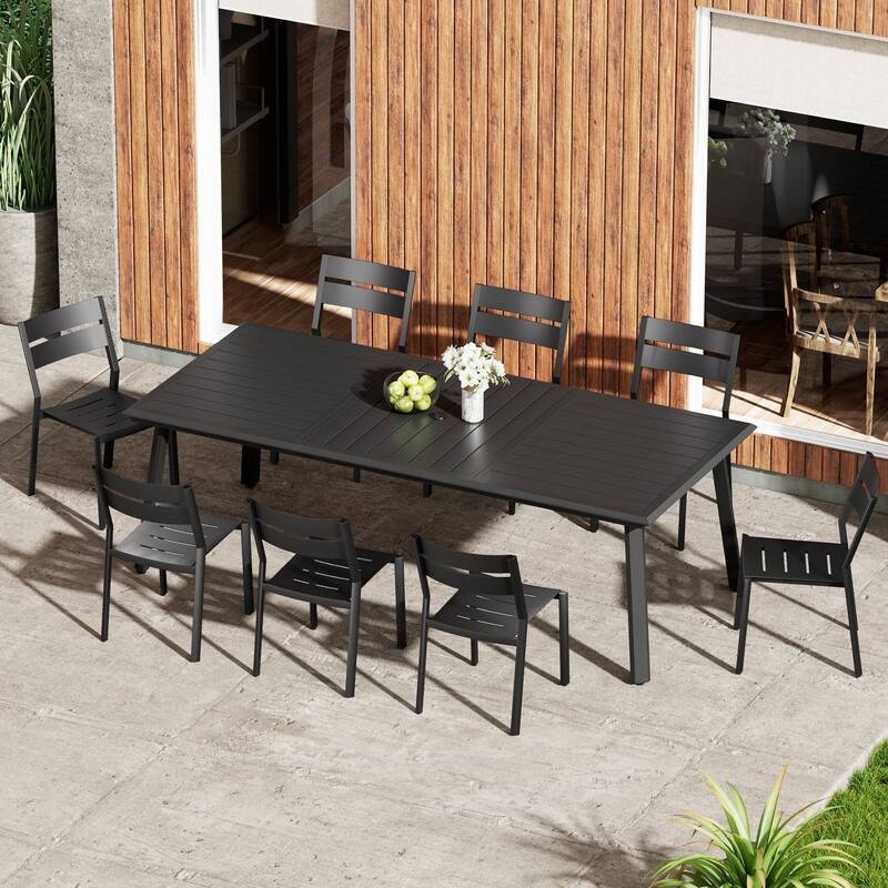 7/9/11 Piece Set Outdoor Aluminum Dining Table with Umbrella Hole for 6-10 Person and Stackable Dining Chairs