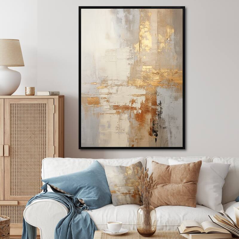 Designart "Gold And White Abstract Split" Abstract Shapes Framed Wall Decor - 24 in. wide x 32 in. high - Black