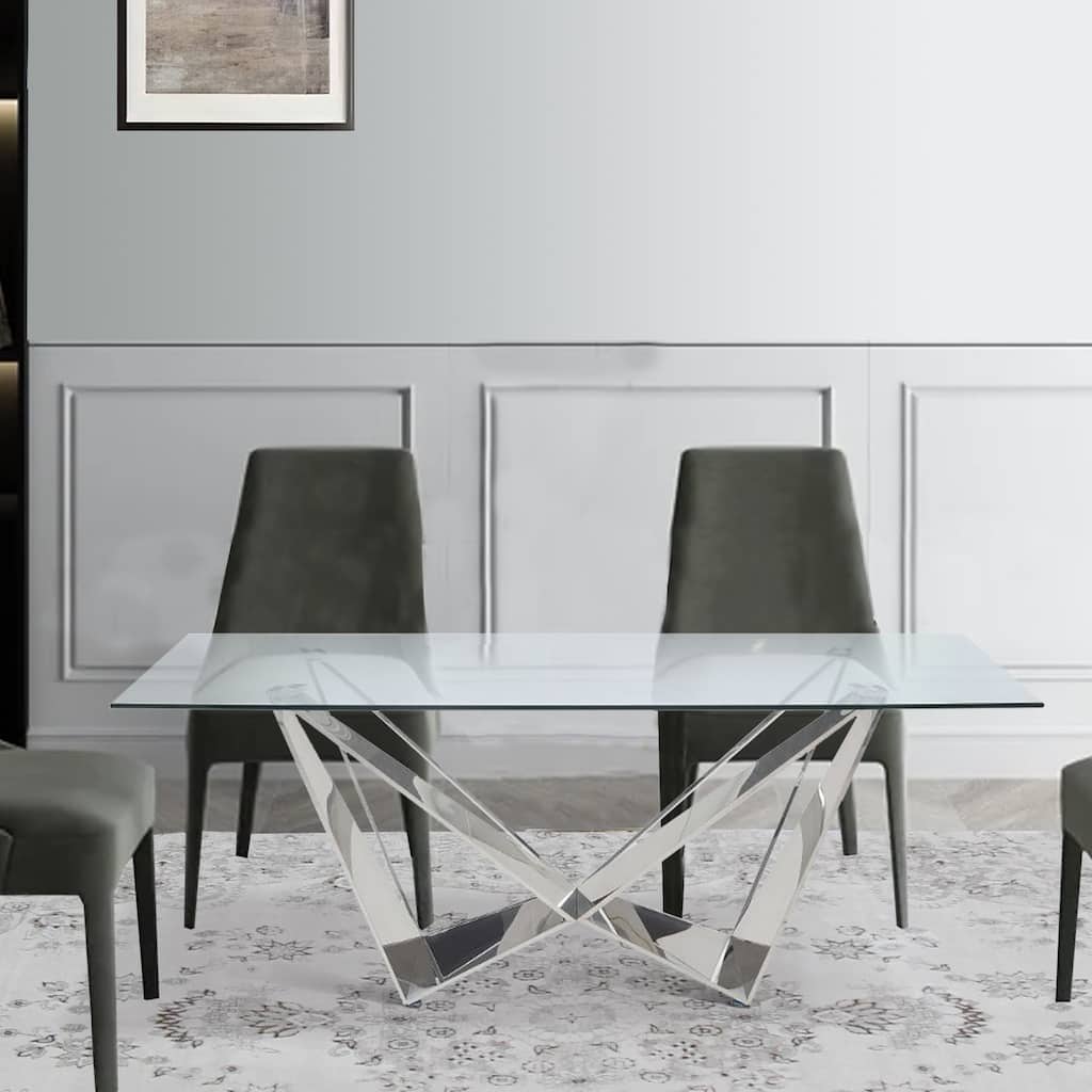 Dining Table with Overlapped Metal Geometric Accent, Silver