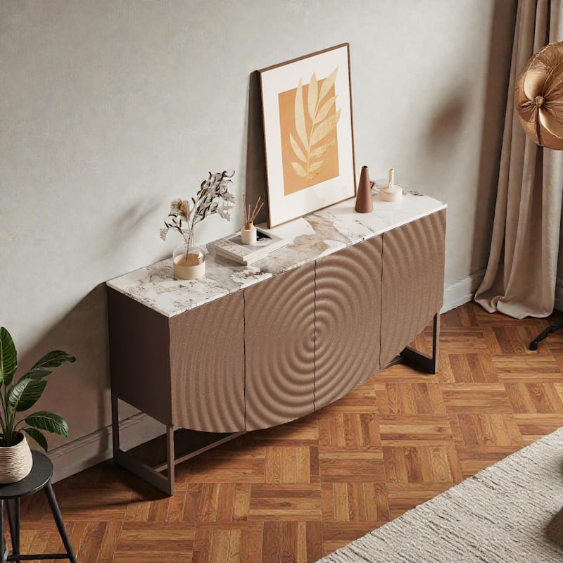 Modern 3D Wave Sideboard Buffet Cabinet, Marble Look Top Storage Console for Living Room and Dining Room