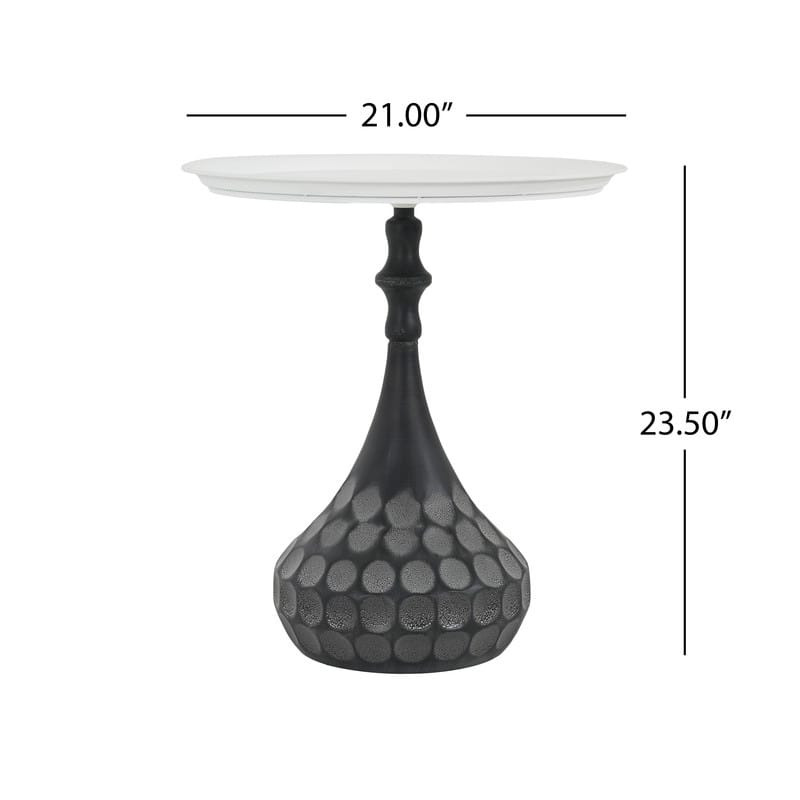 Accent Metal Coffee Table with Hand-Hammered Texture, White and Black Pedestal Table for Living Room