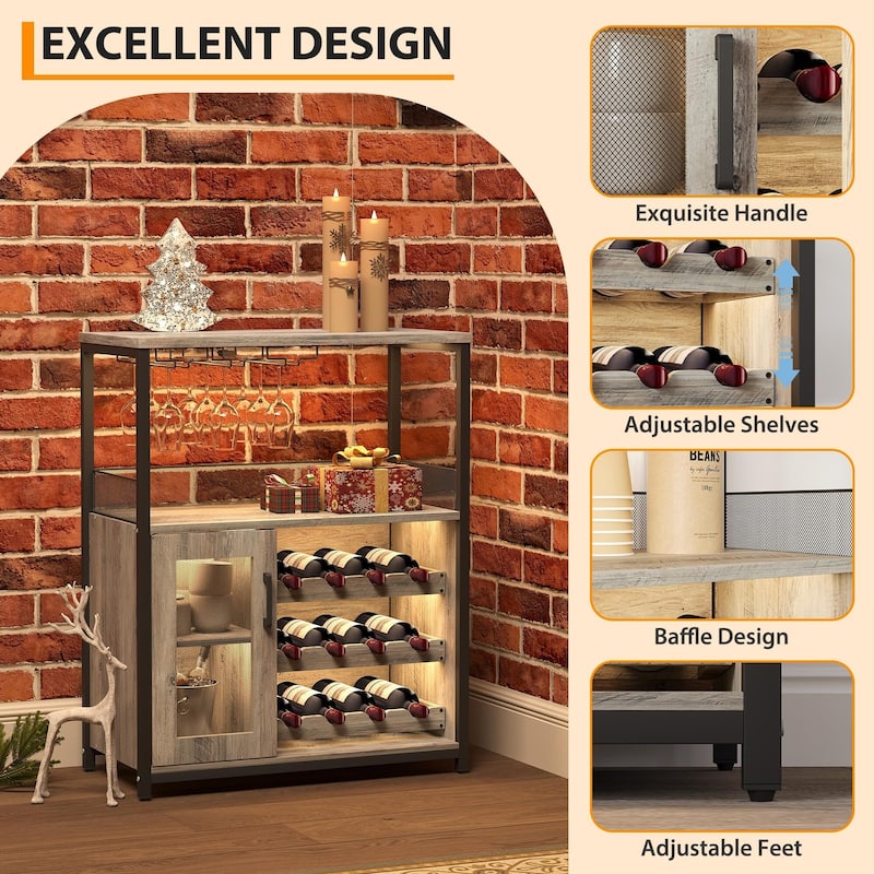 3-Tier Wine Bar Cabinet with Storage, Wine Rack & Glass Holder, Small Liquor Cabinet for Home, Black Corner Storage with Shelves