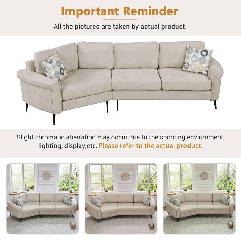 111" Chenille Curved 3-Seater Sofa with Removable Patterned Pillows