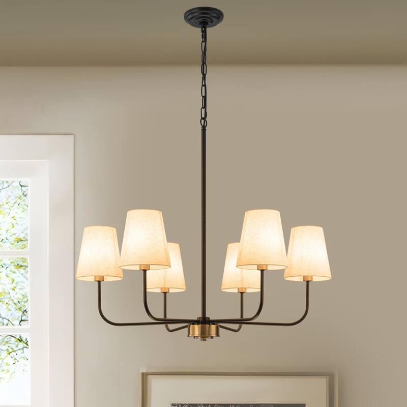 6-Light Metal Chandelier with White Linen Shades