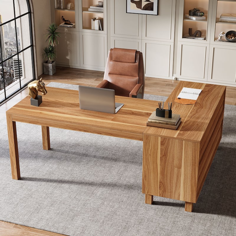 59-Inch L Shaped Desk with Storage Cabinet, Corner Executive Desk