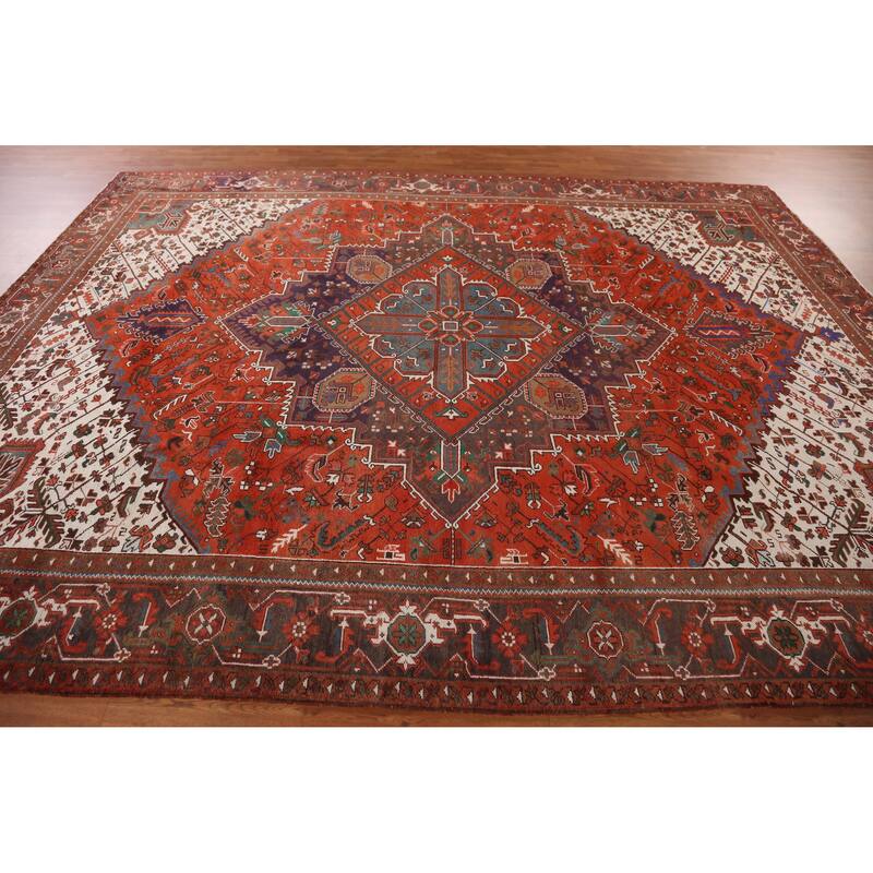 Hand Knotted Oriental 100% Wool Carpet Traditional Medallion Oranges & Rust Heriz Area Rug - 12' 9'' X 9' 10''