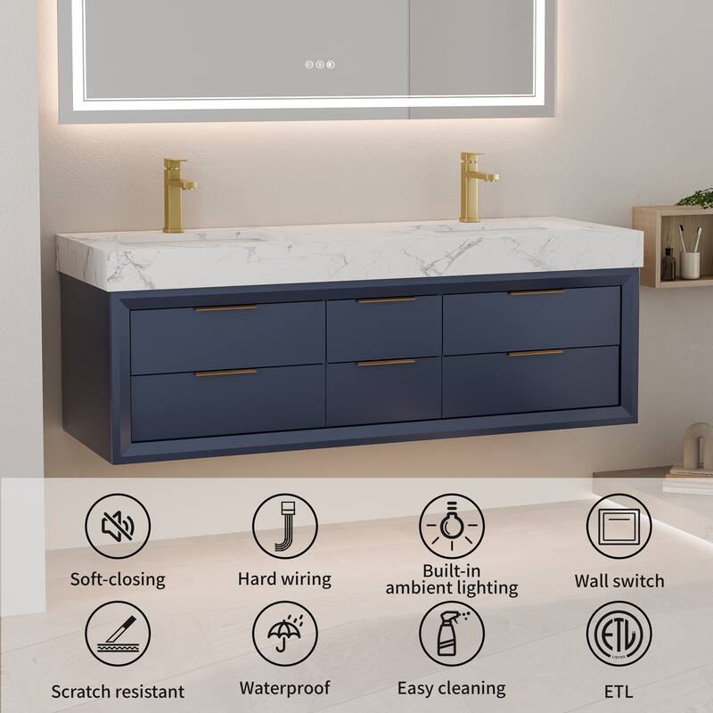 60" Wall-Mount Double Vanity with LED Light. - 60 inch