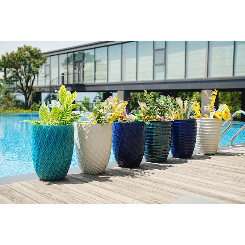 Customizable Cyan Ceramic Planter 16.5in Striped Design Weatherproof Indoor Outdoor Garden Pot