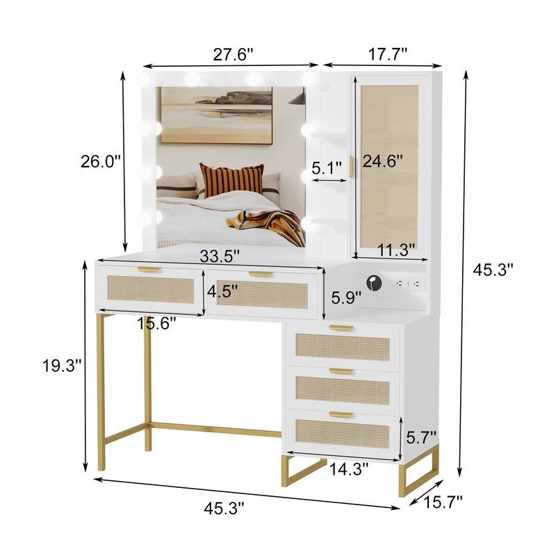 Vanity Mirror with Lights and Table, Rattan