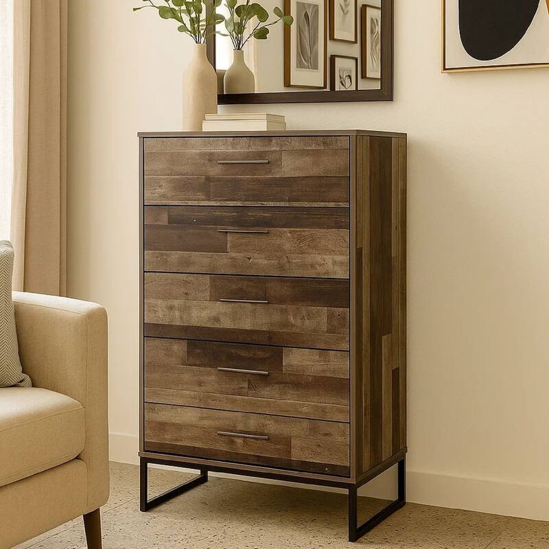 Vyne 51 Inch Tall Dresser 5 Drawers Chest, Gray Woodblock, Black Metal Base