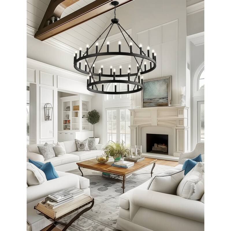 2 Tier Dining Room Light Fixture, Wagon Wheel Chandelier 47/60/70 inch Extra Large, Farmhouse Round Rustic Lighting