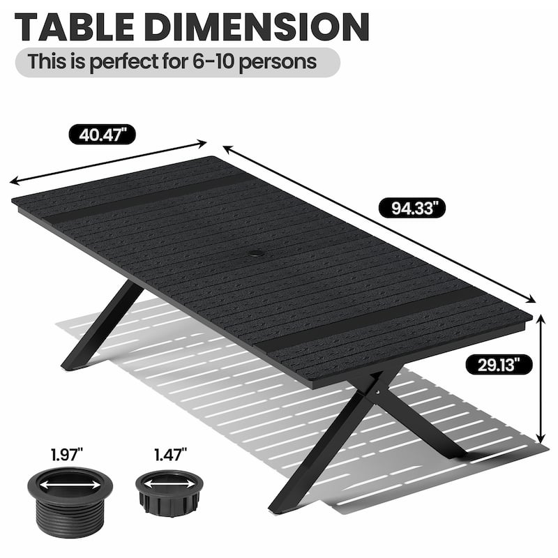 Outdoor Aluminum Dining Table Rectangular Table with Umbrella Hole for 10-12 Person