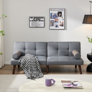 Grey 65.7'' Linen Fabric Convertible Sofa Bed with Solid Wood Legs and ...