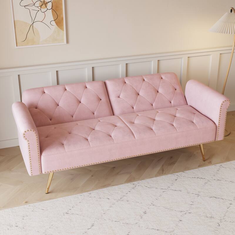 69.7" Velvet Sofa Bed with Nailhead Trim & Pillow - Modern 2-Seater Sleeper