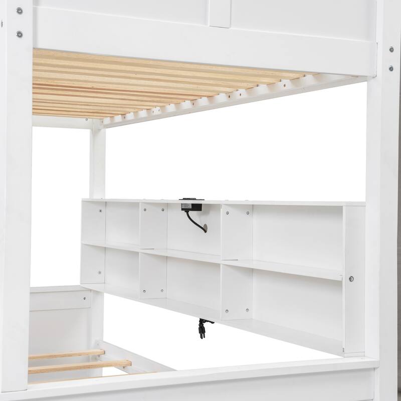 Antique Pine Twin XL over Queen Bunk Bed with 6 Storage Cabinets & 4 Charging Ports，600lb Capacity