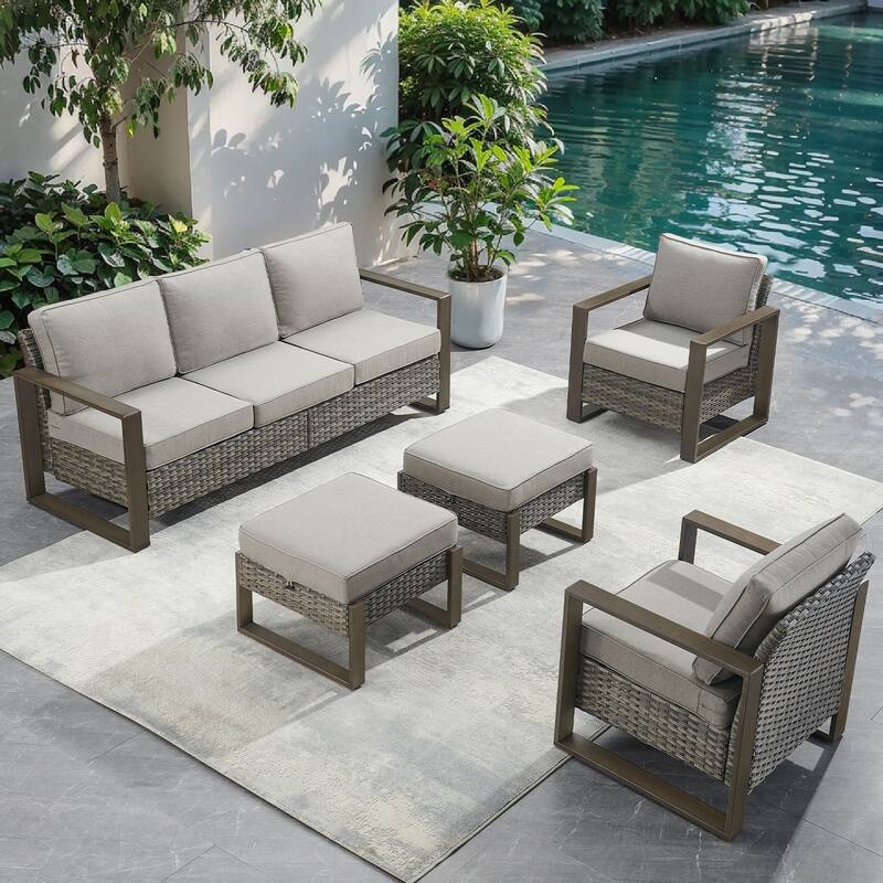 Pocassy Outdoor Sofa, Swivel Chair, Patio Chair Ottoman Set - 5 Pieces Sofa Patio Chairs w/ Ottoman - Grey Wicker Gray Cushion