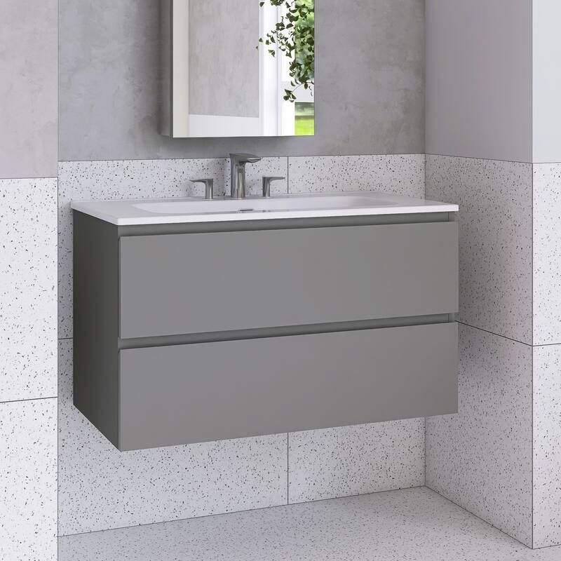 Floating Integrated Bathroom Vanity with Ceramic Sink, Three Faucet Holes